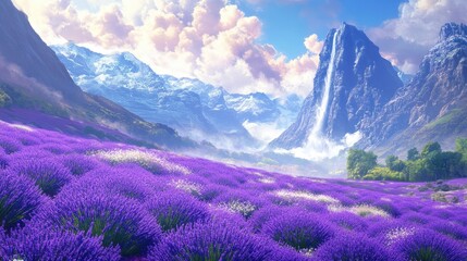 Vibrant lavender field with towering mountains and a waterfall, set against a dynamic futuristic background, creating a beautiful landscape