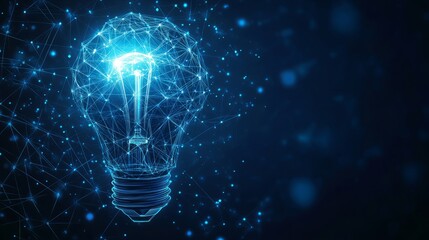 Poster - abstract linked blocks and digital light bulb on technology blue background. blockchain idea concept