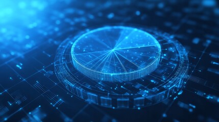 Poster - Abstract pie chart top view on technology blue background in futuristic low poly wireframe hologram style. Business analysis concept. Polygonal digital circle diagram or graph chart with 3D effect. 