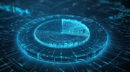 Poster - Abstract pie chart top view on technology blue background in futuristic low poly wireframe hologram style. Business analysis concept. Polygonal digital circle diagram or graph chart with 3D effect. 