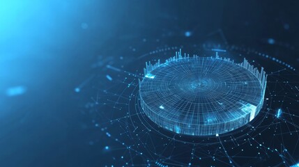 Poster - Abstract pie chart top view on technology blue background in futuristic low poly wireframe hologram style. Business analysis concept. Polygonal digital circle diagram or graph chart with 3D effect. 