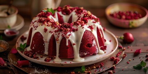 Wall Mural - Red velvet bundt cake with cream cheese glaze and red velvet crumble topping