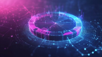 Poster - Abstract pie chart top view on technology blue background in futuristic low poly wireframe hologram style. Business analysis concept. Polygonal digital circle diagram or graph chart with 3D effect. 
