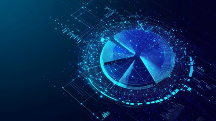 Poster - Abstract pie chart top view on technology blue background in futuristic low poly wireframe hologram style. Business analysis concept. Polygonal digital circle diagram or graph chart with 3D effect. 