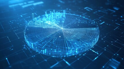 Poster - Abstract pie chart top view on technology blue background in futuristic low poly wireframe hologram style. Business analysis concept. Polygonal digital circle diagram or graph chart with 3D effect. 