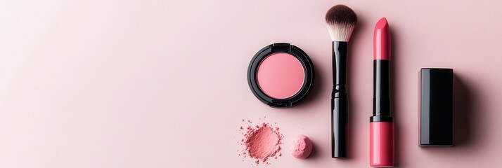 Poster - This arrangement features makeup products like lipstick, blush, and brushes neatly placed on a soft light background, perfect for beauty lovers. Generative AI