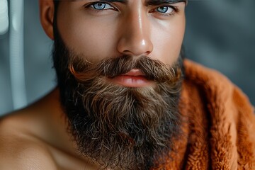 A bearded man with blue eyes and a serious expression on his face. The man is looking at the camera with his mouth closed and his beard is well-groomed and trimmed.