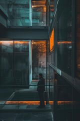 Aufkleber - A person stands in a building carrying a suitcase, suitable for travel or moving scenes