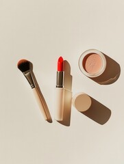 Poster - A serene arrangement features a vibrant lipstick, makeup brushes, and powder against a soft light background for a clean aesthetic. Generative AI