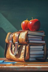 Poster - A single apple resting on top of a stack of books, perfect for use in editorial or commercial contexts