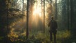 © PondLord - A skilled hunter tracking wildlife in a dense forest under soft sunlight