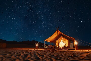 Wall Mural - camping in the deserts of saudi arabia, soft golden sand and terrain at night, a traditional bedouin