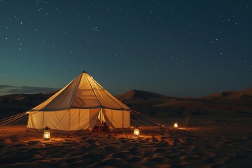 Wall Mural - camping in the deserts of saudi arabia, soft golden sand and terrain at night, a traditional bedouin