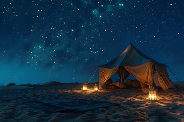 camping in the deserts of saudi arabia, soft golden sand and terrain at night, a traditional bedouin