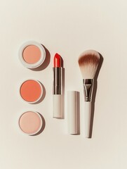 Poster - Cosmetic products neatly arranged on a light background include lipstick, makeup brushes, and cream blush pots. Generative AI