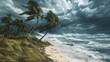 © arhendrix - Dramatic scene of stormy weather with strong winds and dark clouds over a turbulent ocean, waves crashing onto a sandy beach lined with palm trees.