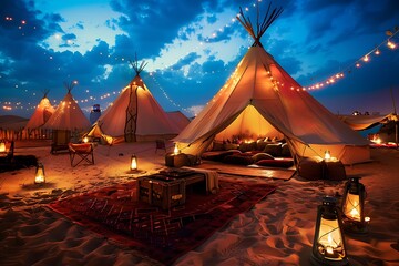 camping in the deserts of saudi arabia, soft golden sand and terrain at night, a traditional bedouin