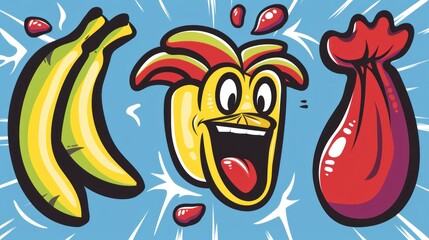 Canvas Print - Funny cartoon illustration of a banana, red peppers and a tomato.