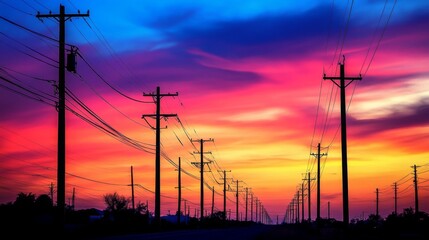 Aufkleber - A row of tall electric poles silhouetted against a colorful sunset sky, highlighting the intricate details of the poles and the power lines.