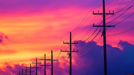 Aufkleber - A row of tall electric poles silhouetted against a colorful sunset sky, highlighting the intricate details of the poles and the power lines.