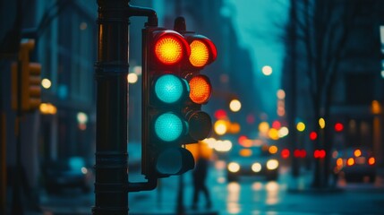 Aufkleber - A row of traffic lights changing from red to green in synchronization, capturing the rhythm and order of city traffic in an urban environment.