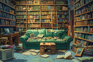 Aufkleber - A cozy room filled with plenty of books, featuring a comfortable green couch for reading and relaxation