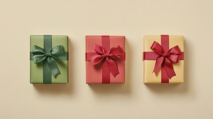 Poster - Brightly colored gift boxes with geometric designs feature vibrant ribbons and bows, creating an elegant festive atmosphere for Christmas. Generative AI