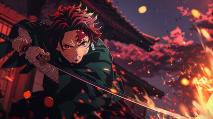 Anime warrior with red hair and sword.