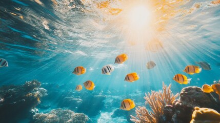 Poster - A school of tropical fish swimming through crystal-clear waters above a coral reef, with sunlight filtering down from the surface.
