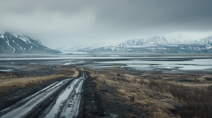 Sticker - Icelandic landscape with mountains and lake.