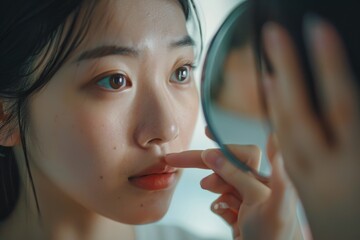 Poster - A woman gets ready by applying lipstick in front of a mirror