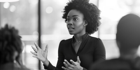 Poster - A woman speaking to a group of people, conveying information and ideas