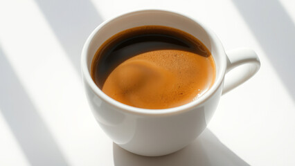 Poster - A cup of coffee on a white surface with sunbeams