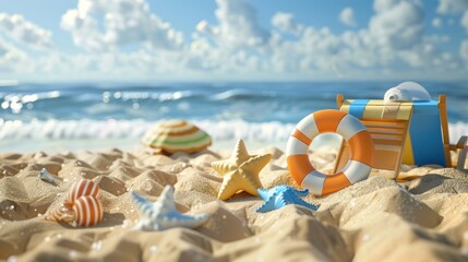 Sticker - Summer beach scene with life preserver and starfish.