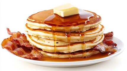 Poster - A stack of fluffy pancakes topped with butter and dripping maple syrup, with a side of crispy bacon, all set on a white background for a delicious breakfast scene.