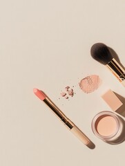 Wall Mural - A minimalist setup showcases various cosmetic products including lipstick, makeup brushes, and powder elegantly arranged on a light surface. Generative AI