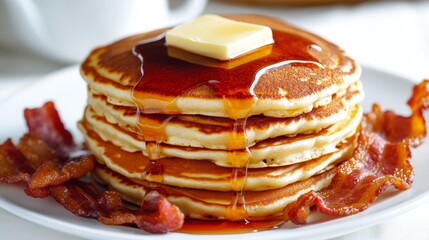 Poster - A stack of fluffy pancakes topped with butter and dripping maple syrup, with a side of crispy bacon, all set on a white background for a delicious breakfast scene.