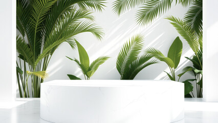 Canvas Print - White Marble Podium with Tropical Leaves Background