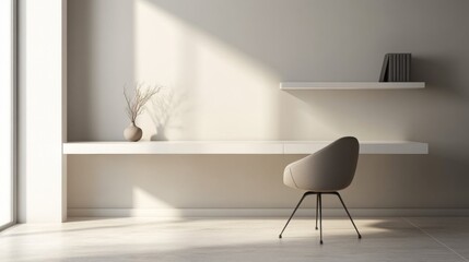Poster - A stylish minimalist office space featuring a white desk with a single decorative item, a modern chair, and a simple wall-mounted shelf, all bathed in soft light