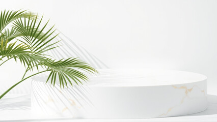 Poster - White Marble Podium with Palm Leaf and Shadow