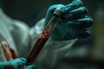 Poster - A person in a lab coat holds a tube of blood for examination or testing