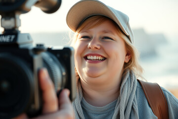 Poster - Happy woman being filmed with a camera