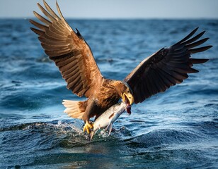 An eagle holding a fish in the sea 