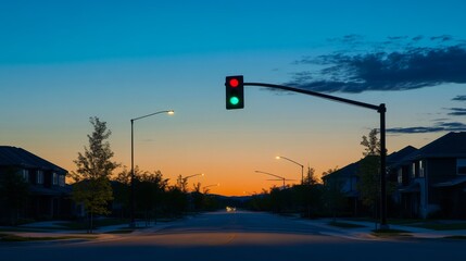Poster - A traffic light suspended over a quiet suburban street at dusk, with the green light signaling the way forward, under a peaceful evening sky.