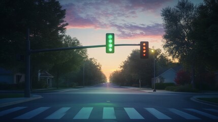 A traffic light suspended over a quiet suburban street at dusk, with the green light signaling the way forward, under a peaceful evening sky.