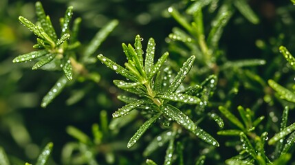 Poster - Closeup macro photograph showcasing fresh green rosemary leaves with delicate rain droplets glistening on an isolated blurred background  Ideal for culinary healthy living