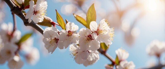 Delicate White Blossoms on a Branch Against a Blue Sky