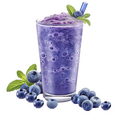 Wall Mural - Refreshing blueberry smoothie garnished with fresh mint leaves and blueberries is served in a tall glass with a blue straw