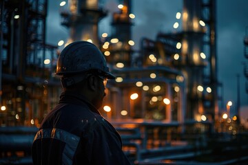 Wall Mural - A worker stands outside a factory, wearing a hard hat and protective gear