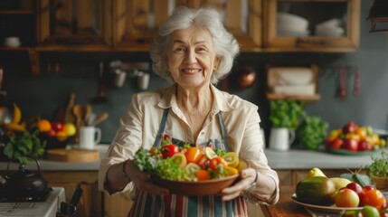 Portrait, fruit salad and apple with a senior woman in the kitchen of her home for health, diet or nutrition. Smile, food and cooking with a happy mature female pension eating healthy in the house.